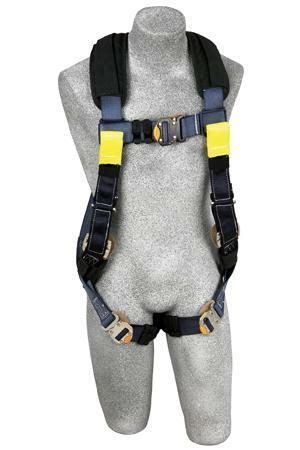 A gray mannequin showcases the 3M DBI-SALA Fall Protection DBI-SALA ExoFit XP Arc Flash-Flame Resistant Harness, featuring black straps, yellow padding, and metal buckles. This personal protective equipment is designed for securing a person with shoulder, chest, and leg straps to ensure optimal safety.