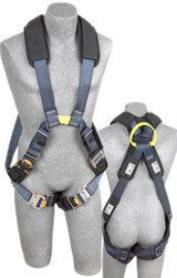 Two mannequins display the DBI-SALA Exofit XP Cross-Over Style Arc Flash Harness 1110870 from 3M DBI-SALA Fall Protection. The front view emphasizes its adjustable straps and padded shoulders, while the back showcases a yellow D-ring for fall protection. Made with Nomex/Kevlar materials, the navy harness is equipped with black padding to enhance safety and durability.