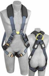 Two gray mannequins, showcasing the DBI-SALA Exofit XP Cross-Over Style Arc Flash Harness 1110870 by 3M DBI-SALA Fall Protection, illustrate full-body safety coverage. One mannequin is positioned to reveal the front view, while the other showcases the back, highlighting straps and buckles. A visible yellow ring on the back harness provides fall protection.