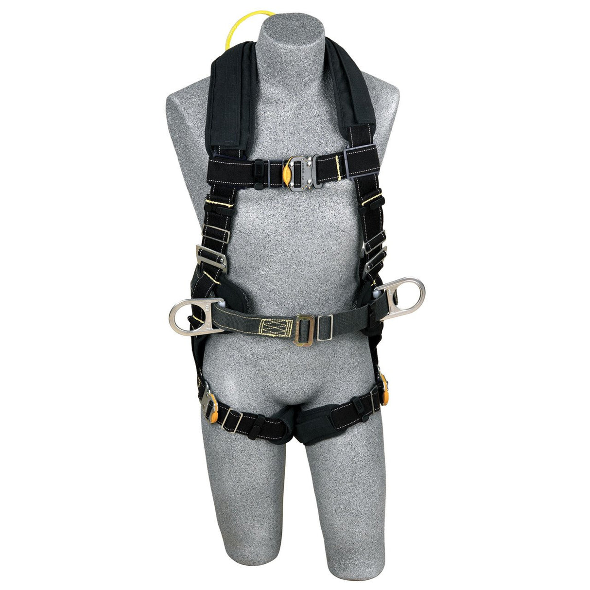 A granite mannequin is wearing the 3M DBI-SALA ExoFit XP AF Construction Web Loop Positioning Harness by 3M DBI-SALA Fall Protection. This black harness, made from Nomex/Kevlar webbing, includes multiple adjustable straps, metal rings, and buckles for enhanced durability. It is designed to cover the shoulders, chest, waist, and thighs for secure attachment in safety applications.