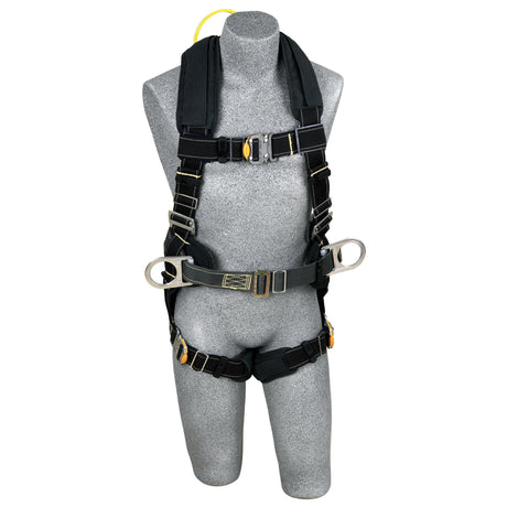 A 3M DBI-SALA ExoFit XP AF Construction Web Loop Positioning Harness is showcased on a mannequin, highlighting its comfort padding and numerous adjustable straps with metal buckles. This black safety harness, part of the 3M DBI-SALA Fall Protection line, is crafted from durable Nomex/Kevlar webbing and features attachment points at both the front and sides, specifically designed for fall protection.