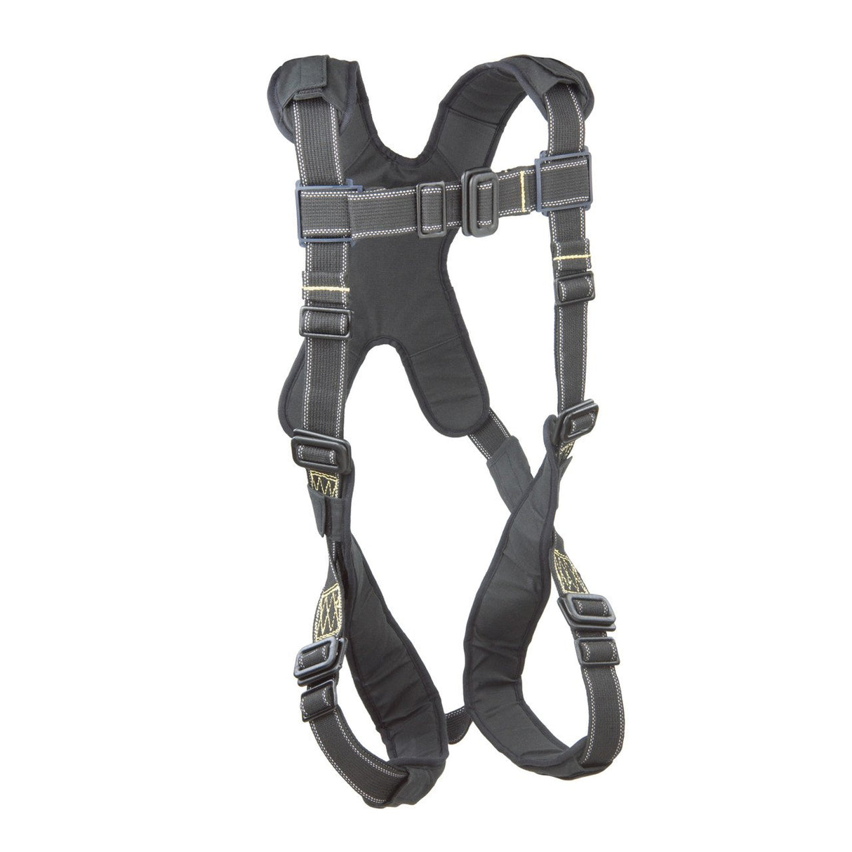 The 3M DBI-SALA ExoFit XP Comfort Arc Flash Harness, Pass-Through, by 3M DBI-SALA Fall Protection is a black safety harness designed for personal fall protection. It features adjustable straps, reinforced stitching, and sturdy buckles. With Nomex/Kevlar fiber webbing and comfort padding for added comfort, it ensures secure attachment points for safety equipment.