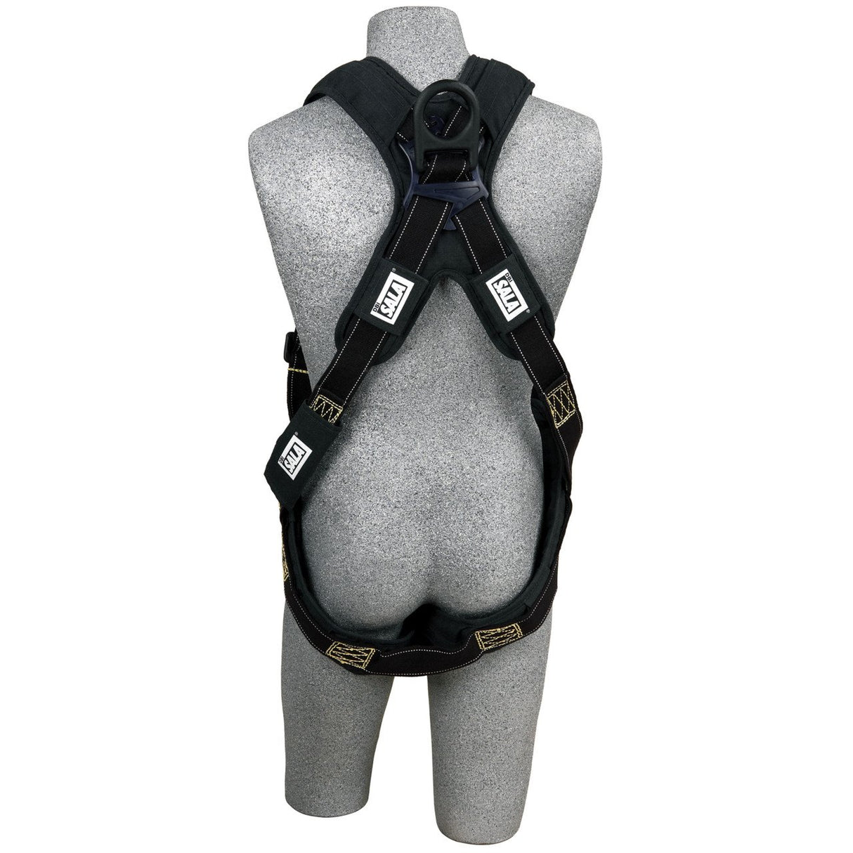 A gray mannequin torso showcases a 3M DBI-SALA ExoFit XP Comfort Arc Flash Harness, Pass-Through, designed with Nomex/Kevlar fiber webbing. This harness from 3M DBI-SALA Fall Protection includes adjustable straps and buckles, comfort padding, and white safety labels for activities requiring fall protection.