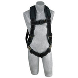 A 3M DBI-SALA ExoFit XP Comfort Arc Flash Harness from the 3M DBI-SALA Fall Protection line is showcased on a gray, torso-shaped mannequin. Made with Nomex/Kevlar fiber webbing, this black harness features multiple adjustable straps with metal buckles for fall protection and enhanced comfort padding.