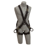 A gray mannequin displays a black DBI-SALA Delta Arc Flash Cross-Over Climbing/Positioning Harness by 3M DBI-SALA Fall Protection, featuring multiple straps and metal rings. Crafted from durable Nomex/Kevlar fiber webbing, this harness is designed to securely support individuals during climbing or construction activities.