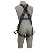 A mannequin showcases the gray DBI-SALA Delta Arc Flash Cross-Over Climbing/Positioning Harness by 3M DBI-SALA Fall Protection, which features black straps with yellow stitching and metal adjustment rings. Constructed from Nomex/Kevlar fiber webbing, this harness ensures secure support around the shoulders, waist, and thighs.