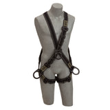 A black DBI-SALA Delta Arc Flash Cross-Over Climbing/Positioning Harness with adjustable straps and metal rings is showcased on a gray mannequin. Crafted by 3M DBI-SALA Fall Protection using Nomex/Kevlar Fiber Webbing, it is designed for a secure fit and support, making it ideal for climbing or construction work.