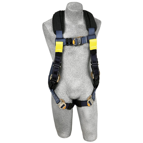 The 3M DBI-SALA ExoFit XP Arc Flash Harness, Dorsal/Rescue Web Loops, from 3M DBI-SALA Fall Protection, is featured on a gray mannequin. It showcases black straps with yellow accents and metal buckles. Made from Nomex/Kevlar fiber, the harness offers exceptional safety for workers at heights and is displayed from the front.