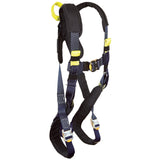 The 3M DBI-SALA ExoFit XP Arc Flash Harness, Dorsal/Rescue Web Loops combines black and yellow for high visibility and includes adjustable straps with metal buckles. Made with Nomex/Kevlar fiber, this harness is engineered for superior fall protection, featuring padded shoulder and leg straps to enhance comfort.