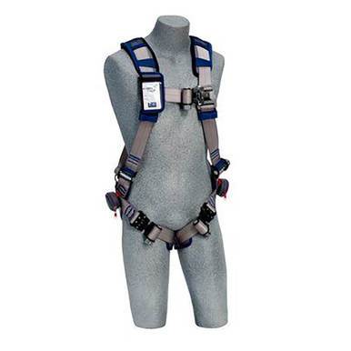 A gray mannequin displays the 3M DBI-SALA ExoFit STRATA Vest-Style Harness 111247_, which includes adjustable blue and gray straps with metal buckles and is enhanced with PolarMesh padding for improved comfort.