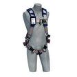 A mannequin displays the 3M DBI-SALA ExoFit STRATA Vest-Style Harness 111247_, which includes adjustable straps, durable metal buckles, and PolarMesh padding for superior comfort in shades of gray and blue. It is engineered for fall protection in construction or industrial environments by 3M DBI-SALA Fall Protection.