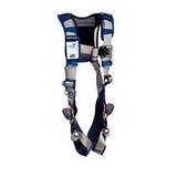 Introducing the 3M DBI-SALA ExoFit STRATA Vest-Style Harness 111247_ from 3M DBI-SALA Fall Protection, featuring blue and gray straps designed for fall protection. This harness includes PolarMesh padding for enhanced comfort, adjustable buckles, and metal D-rings for secure attachment.