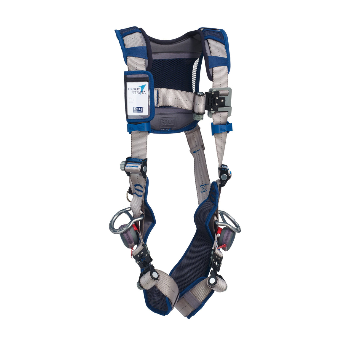 The 3M DBI-SALA ExoFit STRATA Vest Positioning Harness, Tri-Lock Revolver, is a blue and gray full-body safety harness crafted for industrial use. It includes adjustable straps, buckles, and hooks to provide optimal fall protection. The harness offers padded shoulder and leg supports for enhanced comfort and durability on the job.