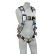 A gray mannequin showcasing the 3M DBI-SALA ExoFit STRATA Vest-Style Climbing Harness with blue and gray straps. This harness, from 3M DBI-SALA Fall Protection, includes an adjustable buckle system and multiple loops for equipment attachment, providing safety for construction or climbing activities.