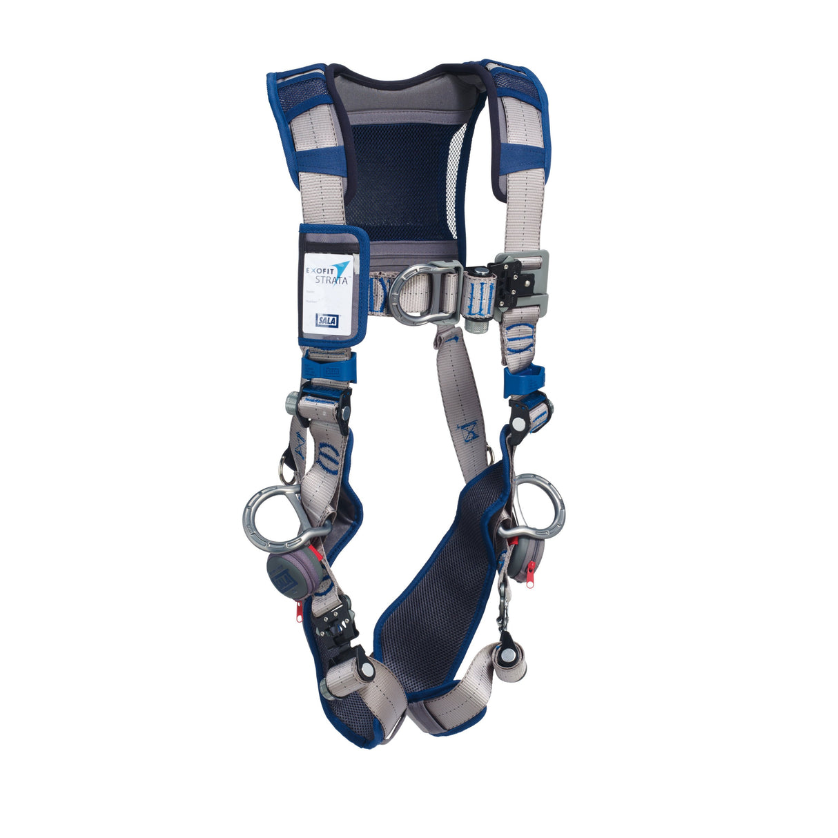 The 3M DBI-SALA Fall Protection DBI-SALA ExoFit STRATA Vest-Style Positioning/Climbing Harness, colored in blue and gray, includes numerous straps, buckles, and circular rings for reliable fall protection. It is displayed against a plain white background.