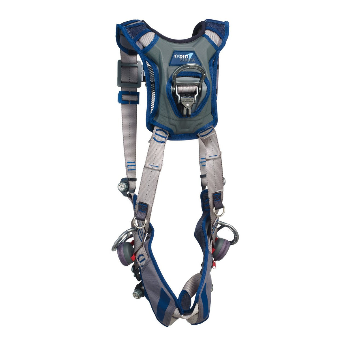 The DBI-SALA ExoFit STRATA Vest-Style Positioning/Climbing Harness by 3M DBI-SALA Fall Protection features distinctive blue and gray padded straps, metal buckles, and adjustable loops. Designed with optimal fall protection in mind, it includes a central fastening mechanism to ensure secure attachment.