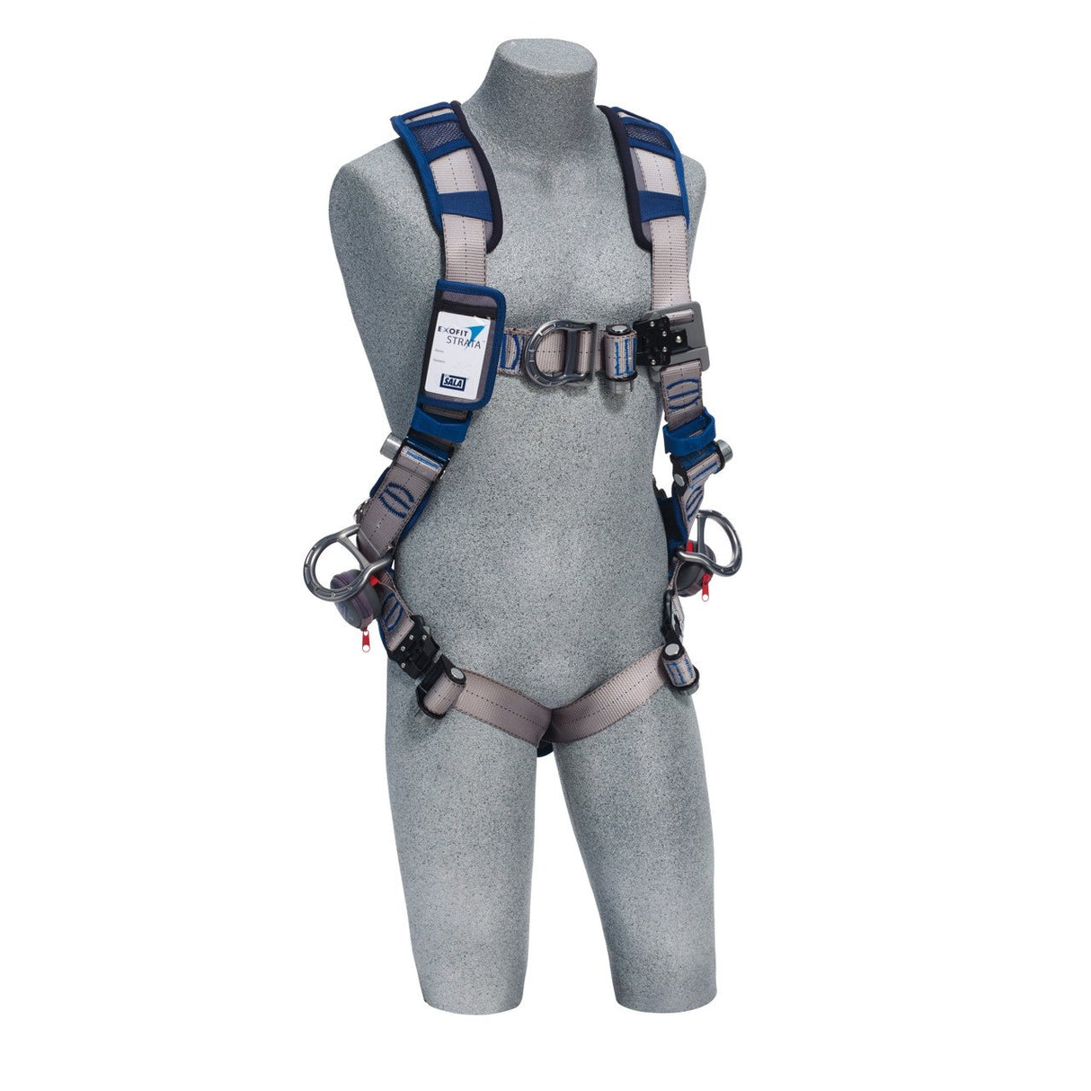 A gray mannequin showcases the 3M DBI-SALA Fall Protection's DBI-SALA ExoFit STRATA Vest-Style Positioning/Climbing Harness in blue and gray, which includes multiple adjustable straps, buckles, and attachment points. Perfect for fall protection, it is ideal for use in construction or industrial environments.