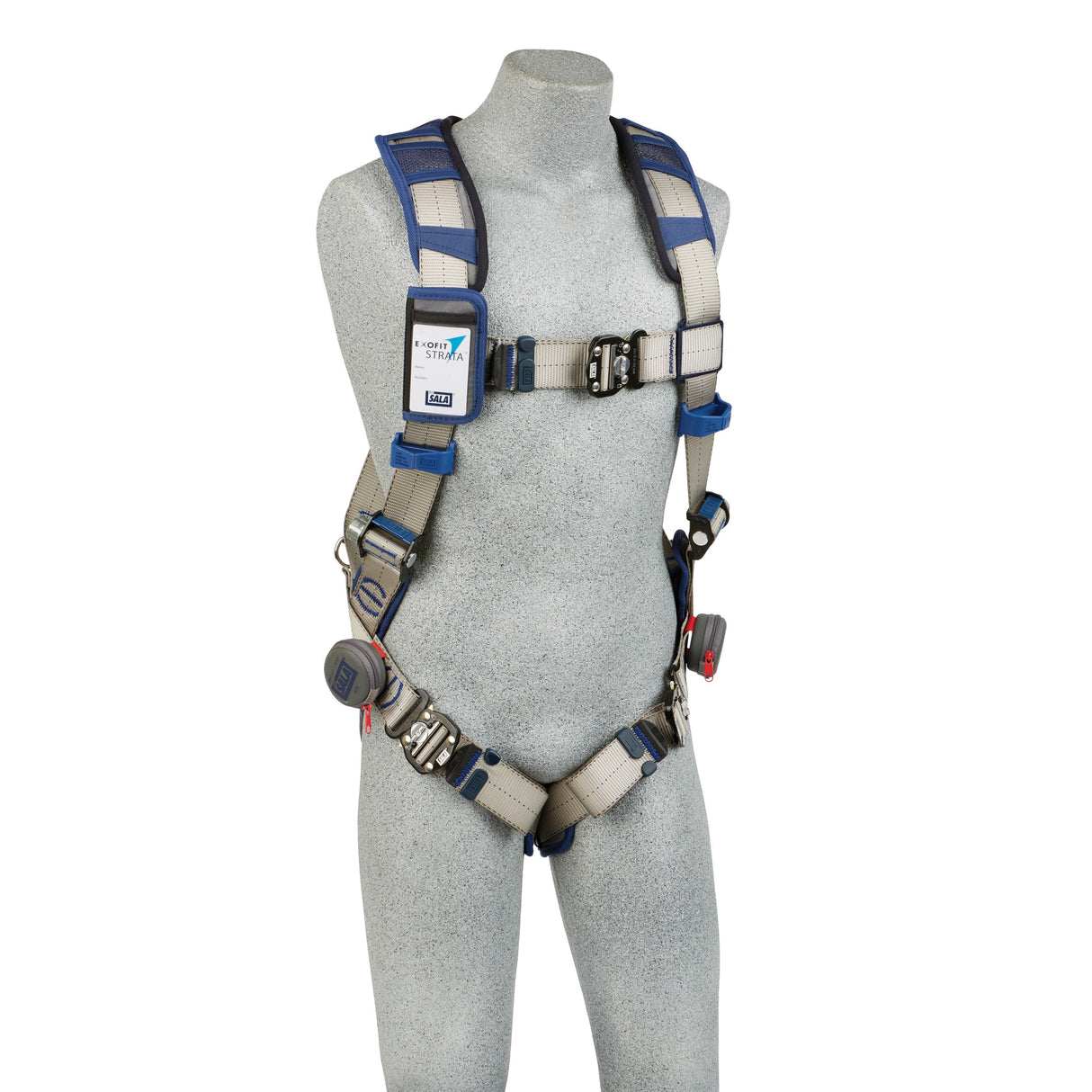 A gray mannequin is displaying the 3M DBI-SALA ExoFit STRATA Comfort Vest Harness, Duo-Lok, featuring blue and gray straps. This safety equipment from 3M DBI-SALA Fall Protection boasts adjustable buckles and a prominent chest label, offering both security and style.