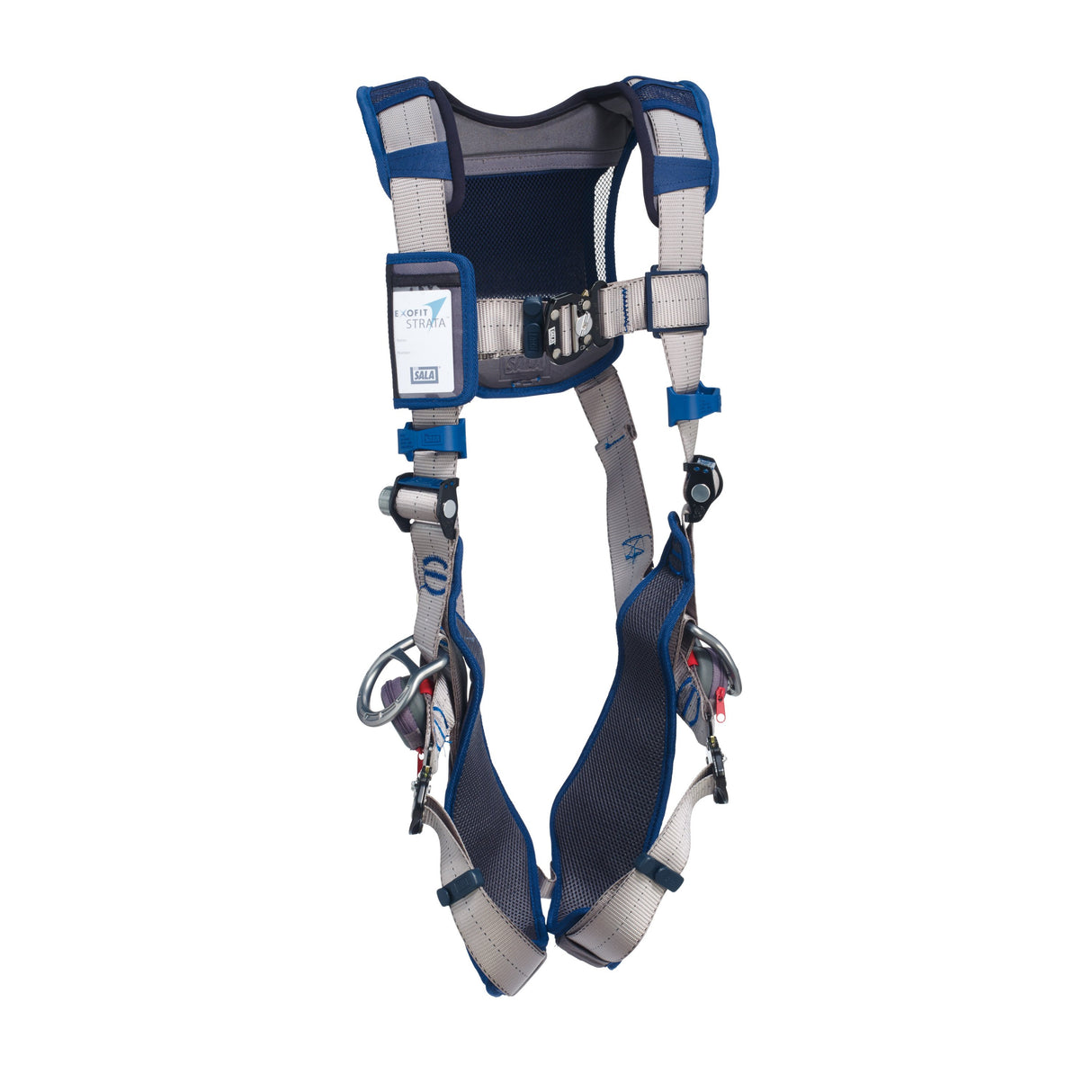 The 3M DBI-SALA ExoFit STRATA Vest Positioning Harness, Duo-Lok is a blue and gray safety harness from 3M DBI-SALA Fall Protection. It comes with adjustable straps, metal buckles, and two side loops. Featuring a chest label, this fall protection harness provides secure attachment for construction or climbing activities.