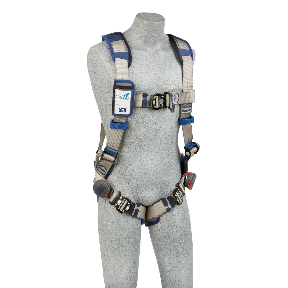 A gray mannequin wears a 3M DBI-SALA ExoFit STRATA Comfort Vest Climbing Harness, featuring a blue and gray design with metal buckles and adjustable straps. The harness, from the 3M DBI-SALA Fall Protection line, includes a label on the chest strap, while padding on the shoulders, waist, and legs provides both comfort and security.