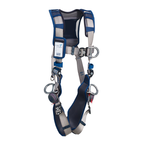 Introducing the 3M DBI-SALA ExoFit STRATA Vest Positioning Harness, Quick Connect, expertly crafted by 3M DBI-SALA Fall Protection for maximum fall safety. It features blue and gray straps with robust metal buckles and clips, along with padded sections and adjustable components to guarantee a secure fit.