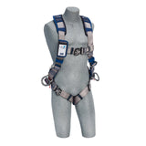 A mannequin displays the 3M DBI-SALA ExoFit STRATA Vest Positioning Harness, Quick Connect, by 3M DBI-SALA Fall Protection, featuring a blue and gray design with metal buckles and adjustable straps, making it perfect for fall protection. It is set against a neutral background to emphasize both its form and function.