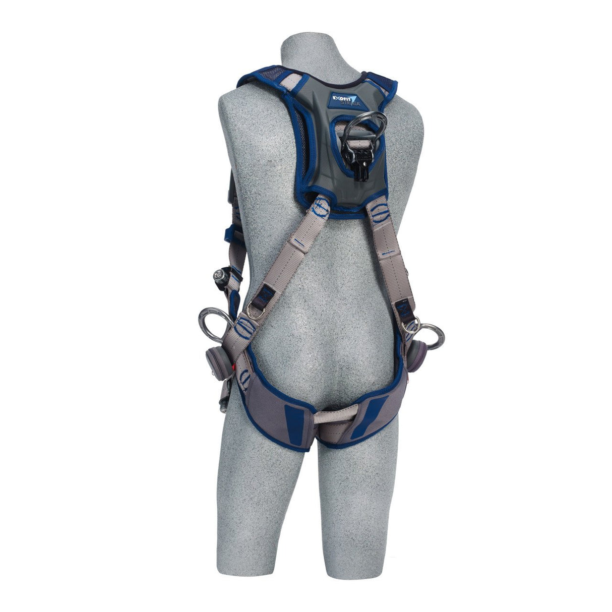 Photo of a gray mannequin wearing a 3M DBI-SALA ExoFit STRATA Vest Positioning Harness in blue and gray. This safety harness from the 3M DBI-SALA Fall Protection brand features multiple adjustable straps and metal rings for secure attachment. The image highlights the back view of the harness, showcasing its design.