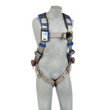 A gray mannequin displays the 3M DBI-SALA ExoFit STRATA Comfort Vest Harness, Tongue Buckle, in blue and gray. Crafted for fall protection by 3M DBI-SALA Fall Protection, it features breathable mesh fabric with multiple adjustable straps and buckles.