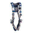 The 3M DBI-SALA ExoFit STRATA Vest Positioning Harness, Tongue Buckle 1112531, offered by 3M DBI-SALA Fall Protection, comes in blue and gray and includes adjustable straps, metal buckles, and two side rings. It features padding for comfort along with a personal SRL adapter designed for fall protection, making it perfect for construction or industrial settings.