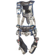 The DBI-SALA ExoFit STRATA Construction Positioning Harness by 3M DBI-SALA Fall Protection is a full-body safety harness equipped with blue and gray straps, cushioned padding, and robust metal buckles, specifically engineered for optimal fall protection in construction or industrial environments.