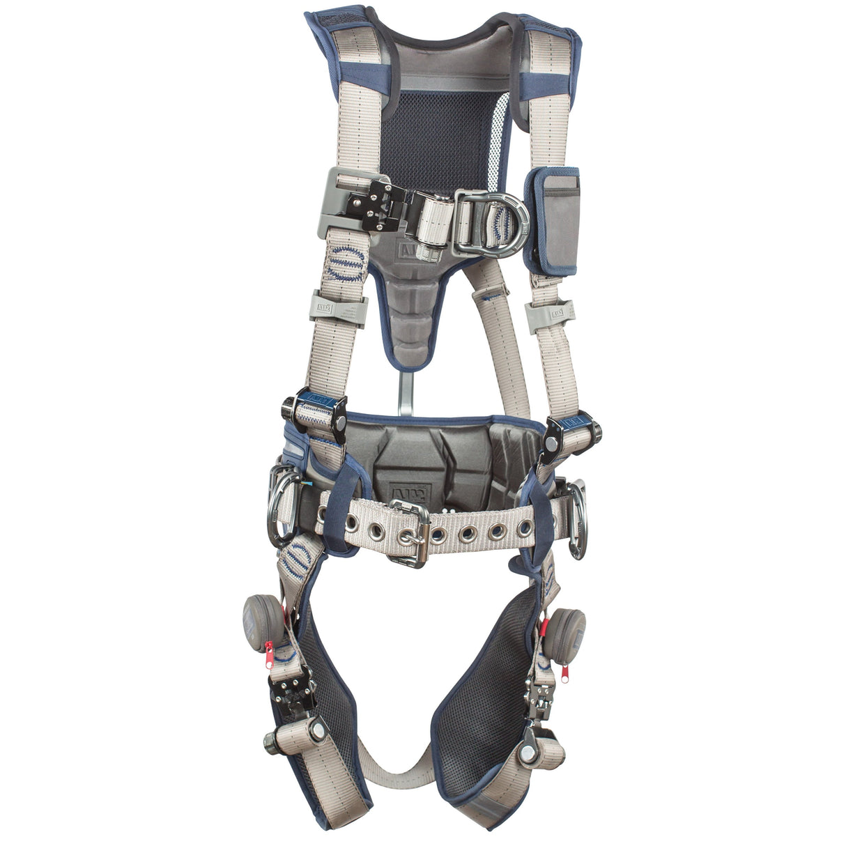 The image showcases a 3M DBI-SALA Fall Protection DBI-SALA ExoFit STRATA Construction Positioning/Climbing Harness, which includes a weight distribution system along with adjustable blue and gray straps, multiple buckles, and loops for secure fitting. It is designed for fall protection in construction or industrial settings.