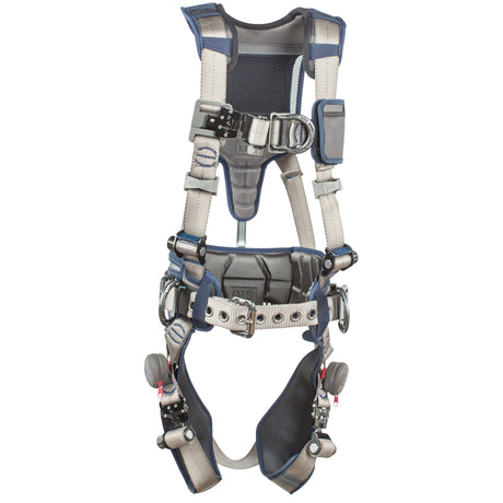 Introducing the DBI-SALA ExoFit STRATA Construction Positioning/Climbing Harness by 3M DBI-SALA Fall Protection, a full-body safety harness with blue and gray straps designed for optimal fall protection. It features a weight distribution system, secure buckles, adjustable fittings, and padded shoulder and leg straps for comfort, along with various attachment points for versatility.