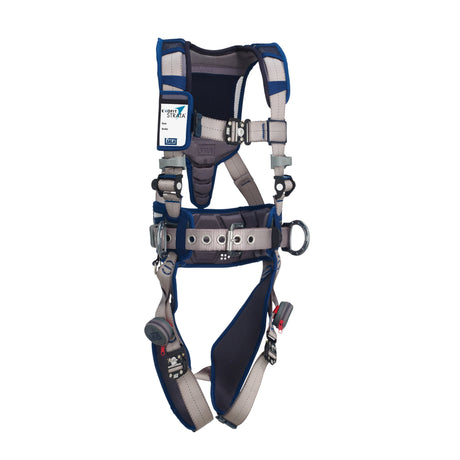 The DBI-SALA ExoFit STRATA Construction Positioning Harness in blue and gray from 3M DBI-SALA Fall Protection is highlighted against a white background. It features multiple adjustment straps, clips, a padded belt, and shoulder straps to ensure maximum comfort and security in industrial or construction environments.