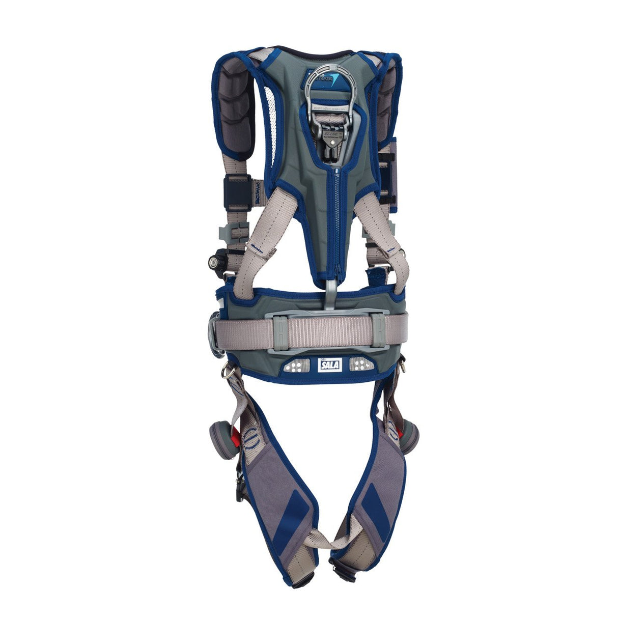 A DBI-SALA ExoFit STRATA Construction Positioning Harness with Web-Lock from 3M DBI-SALA Fall Protection, featuring a blue and grey design with padded straps and buckles, is shown against a white background. This harness offers multiple adjustment points for secure and comfortable wear in safety applications.