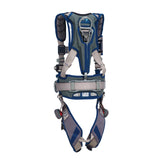 A DBI-SALA ExoFit STRATA Construction Positioning Harness with Web-Lock from 3M DBI-SALA Fall Protection, featuring a blue and grey design with padded straps and buckles, is shown against a white background. This harness offers multiple adjustment points for secure and comfortable wear in safety applications.