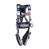 Introducing the DBI-SALA ExoFit STRATA Construction Climbing Harness by 3M DBI-SALA Fall Protection: a high-performance blue and gray harness designed for personal fall protection. It features a weight distribution system with multiple straps, buckles, and padding, as well as adjustable components for secure fastening around the torso and legs.