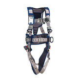 The DBI-SALA ExoFit STRATA Construction Climbing Harness from 3M DBI-SALA Fall Protection is a blue and gray harness with tongue buckles, adjustable straps, and a central attachment ring. Designed for optimal comfort with added padding, it provides expert fall protection on job sites.