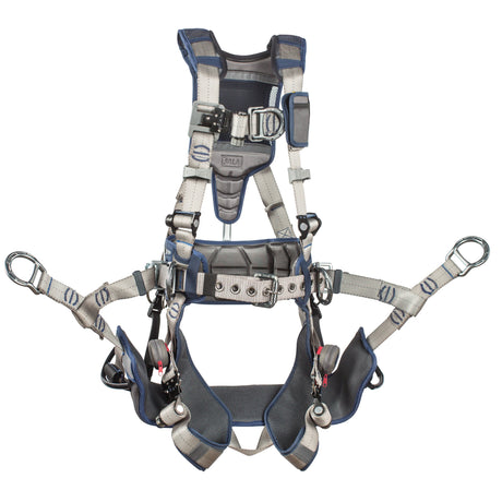 The 3M DBI-SALA ExoFit STRATA Tower Climbing Harness, Zinc Plated, by 3M DBI-SALA Fall Protection, offers fall protection with padded straps and metal buckles. It features adjustable shoulder, waist, and leg straps for customized fit and includes multiple attachment points for climbing or work safety.