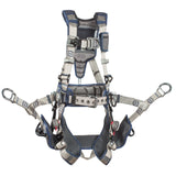 The 3M DBI-SALA ExoFit STRATA Tower Climbing Harness, Zinc Plated, from the renowned brand 3M DBI-SALA Fall Protection, is a full-body safety harness offering adjustable straps and buckles along with padded leg supports for optimal fall protection. It features multiple metal D-rings for secure attachment and is available in an eye-catching blue and gray design.