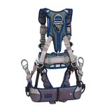 The 3M DBI-SALA ExoFit STRATA Tower Climbing Harness, with its striking blue and gray design, features numerous straps and zinc-plated metal buckles. It is equipped with a padded back, leg supports, and adjustable connections, all expertly crafted by 3M DBI-SALA Fall Protection for reliable fall security.