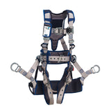 The 3M DBI-SALA ExoFit STRATA Tower Climbing Harness, Stainless Steel, is a blue and gray safety harness designed by 3M DBI-SALA Fall Protection. It features adjustable straps and metal rings for secure fastening, along with padded sections for enhanced comfort, making it ideal for activities that require fall protection.