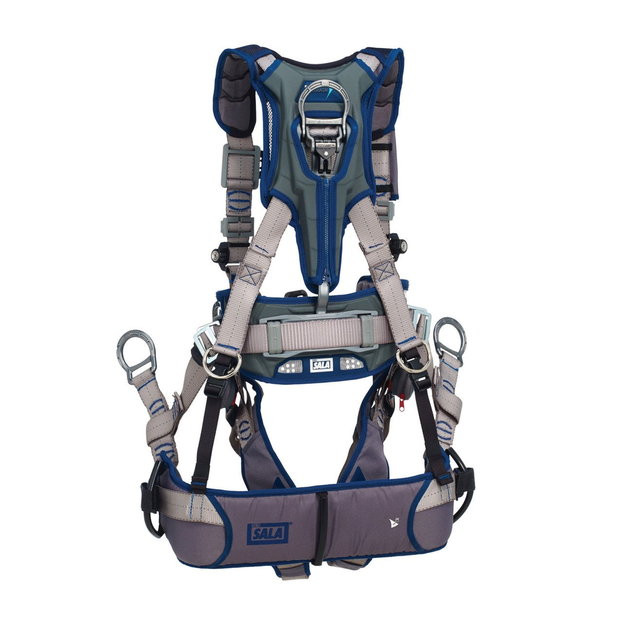 The 3M DBI-SALA ExoFit STRATA Tower Climbing Harness from 3M DBI-SALA Fall Protection, featuring stainless steel components, displays an array of straps, buckles, and metal hooks set against a white background.