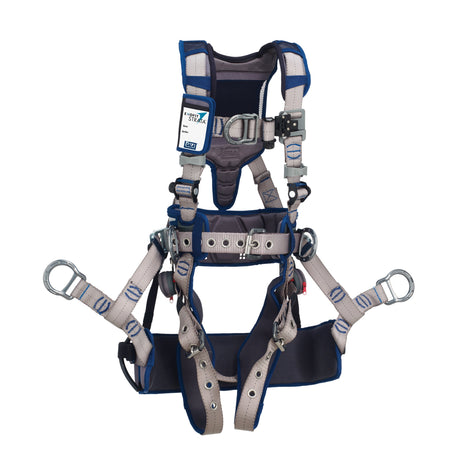 The 3M DBI-SALA ExoFit STRATA Tower Climbing Harness, Stainless Steel by 3M DBI-SALA Fall Protection, is a blue and gray harness that includes adjustable straps, metal buckles, and multiple attachment points. It is meticulously crafted to provide secure support during climbing or construction work.