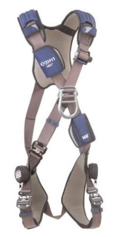 The DBI-SALA Exofit NEX Cross-Over Harness from 3M DBI-SALA Fall Protection features adjustable grey straps and blue padding, equipped with quick-connect buckles and a central D-ring for secure attachments.