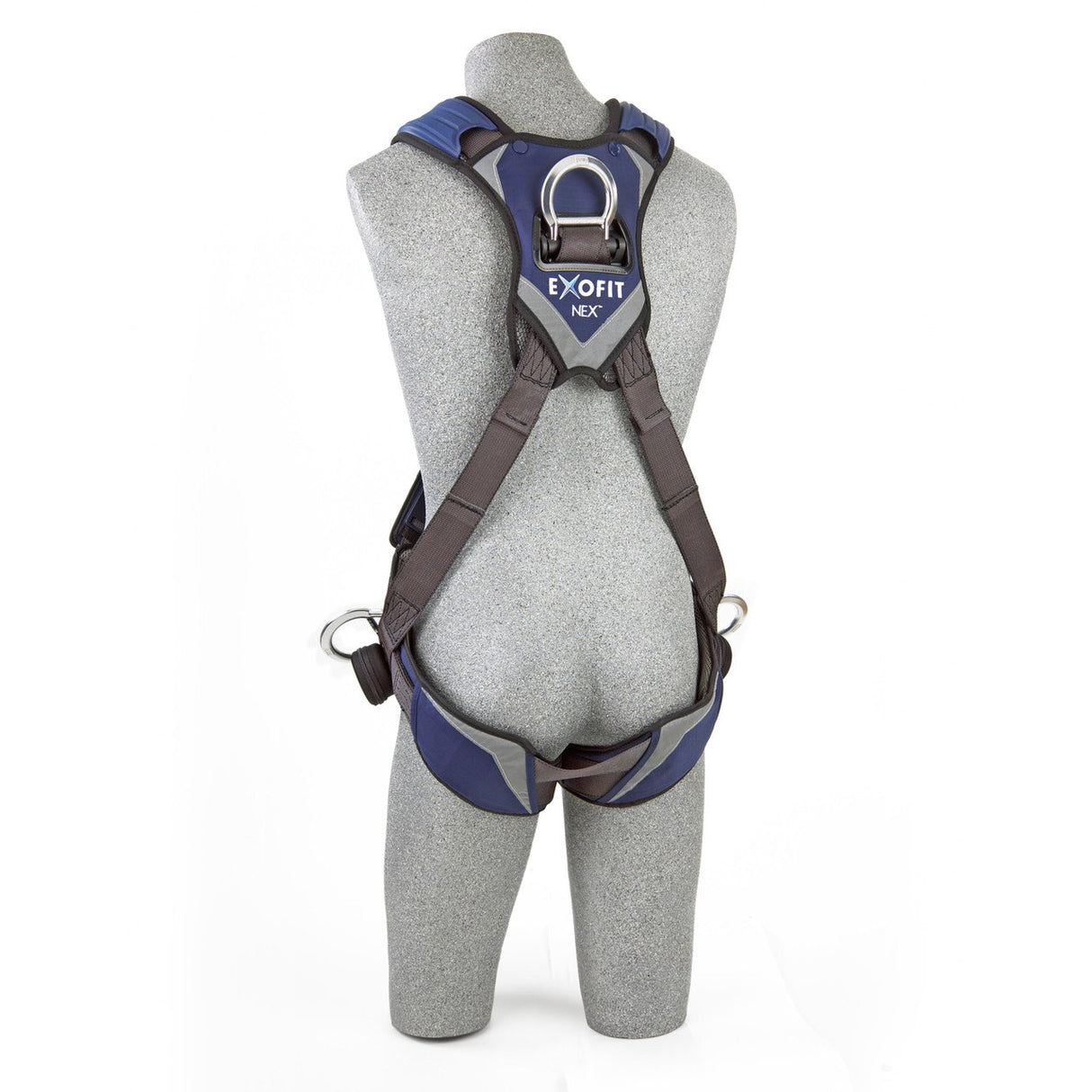 A gray mannequin showcases the 3M DBI-SALA Fall Protection ExoFit NEX Cross-Over Positioning/Climbing Harness in blue and black, designed with comfort padding for improved wearability. The harness includes secure straps and metal D-rings to ensure both safety and protection.