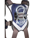 Close-up of the DBI-SALA ExoFit NEX Cross-Over Positioning/Climbing Harness by 3M DBI-SALA Fall Protection, highlighting its gray and blue fabric with metallic loops and clear plastic rings. Designed for positioning and climbing, it prominently displays "ExoFit NEX" branding alongside comfort padding to ensure enhanced safety and ease during use.