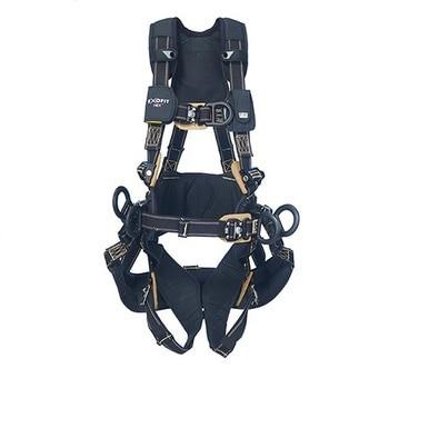 The DBI-SALA Exofit Nex Arc Flash Tower Harness 11133 by 3M DBI-SALA Fall Protection is a black full-body safety harness equipped with metal buckles and straps for fall protection, making it ideal for tower climbing. It features padded leg supports, attachment points for professional use, and is Arc Flash rated to ensure enhanced safety.