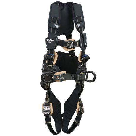 The 3M DBI-SALA ExoFit NEX AF Construction Positioning Harness, featuring multiple buckles and straps in a black and tan design, is laid flat to showcase its structure and components. Engineered by 3M DBI-SALA Fall Protection for ultimate comfort and durability, it is perfect for ensuring personal safety during construction positioning tasks.