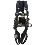 The 3M DBI-SALA ExoFit NEX AF Construction Positioning Harness by 3M DBI-SALA Fall Protection is available in black, featuring multiple buckles and adjustable straps for optimal fit. Designed for fall protection and support, this harness includes padded areas for exceptional comfort and metal D-rings for secure attachments, ensuring durability.