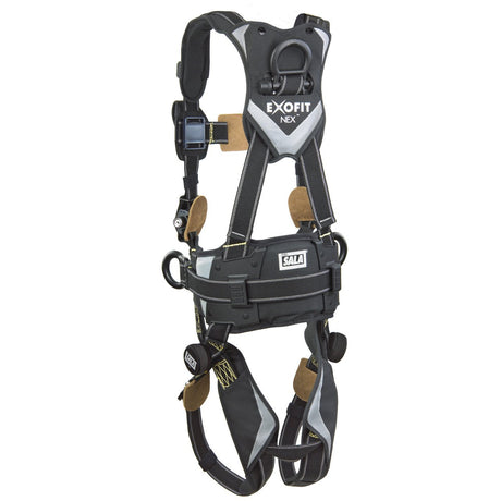 The 3M DBI-SALA ExoFit NEX AF Construction Positioning Harness, presented by 3M DBI-SALA Fall Protection, is a black and gray safety harness featuring multiple adjustable straps and buckles. It includes padded areas for maximum comfort and durability. Perfectly crafted for fall protection, this harness excels as an ideal solution in industrial construction settings.